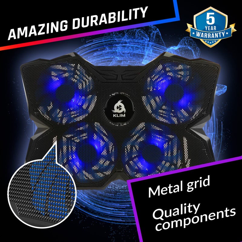 KLIM Wind Laptop Cooling Pad - More Than 500 000 Units Sold - New Version - The Most Powerful Rapid Action Cooling Fan - Laptop Stand with 4 Cooling Fans at 1200 RPM - USB Fan - PS5 PS4 - Blue - Image 4